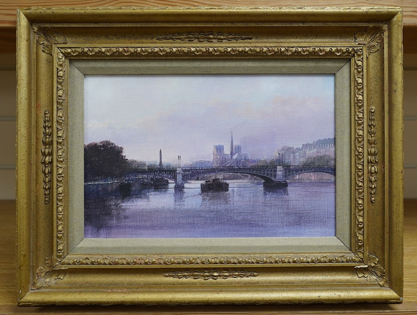 Attributed to Clive Madgwick RBA (1934 - 2005), oil on canvas, 'Notre Dame from Pont de Sully', 19 x 29cm. Condition - good